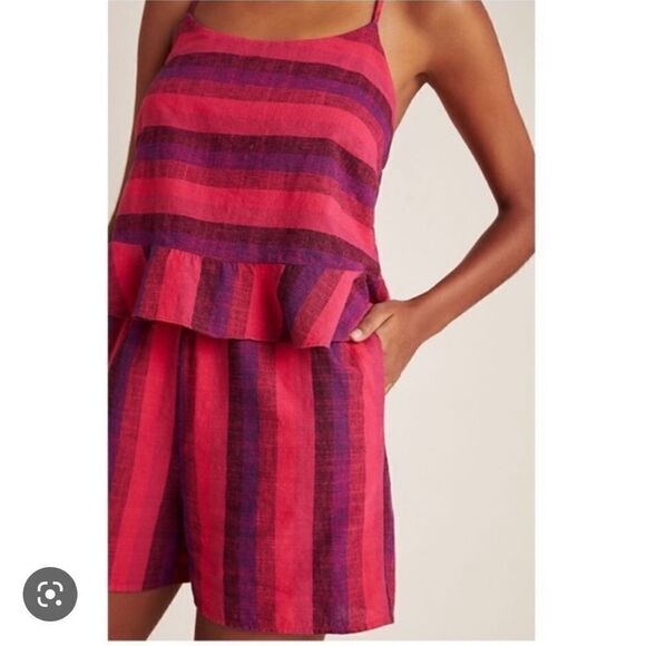 Amadi Anthropologie Striped Romper Linen Purple Pink Ruffle Sleeveless - Picture 2 of 9